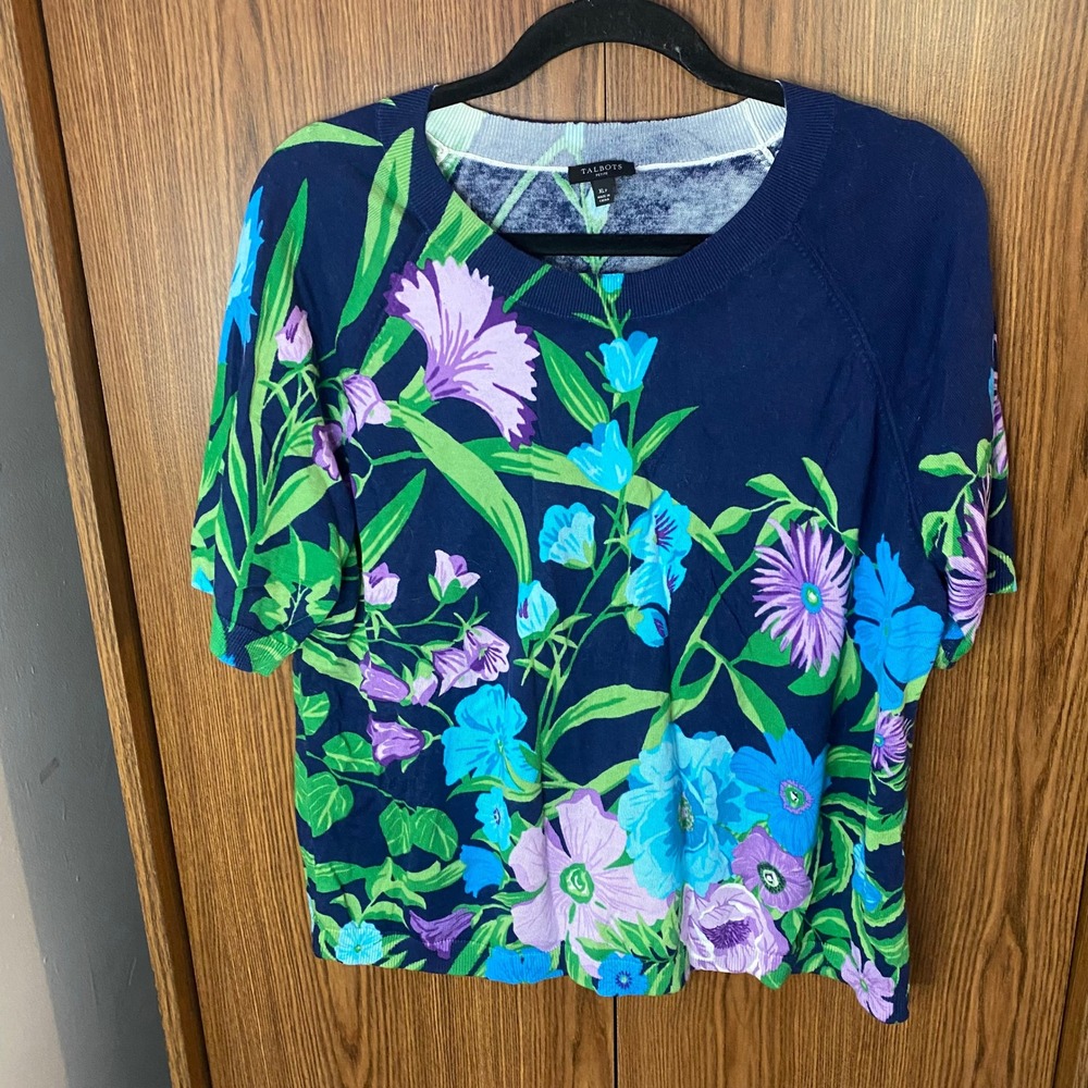 Talbots Floral Sweater Women XLP Navy Blue Short Sleeve Cotton Rayon Knit Top